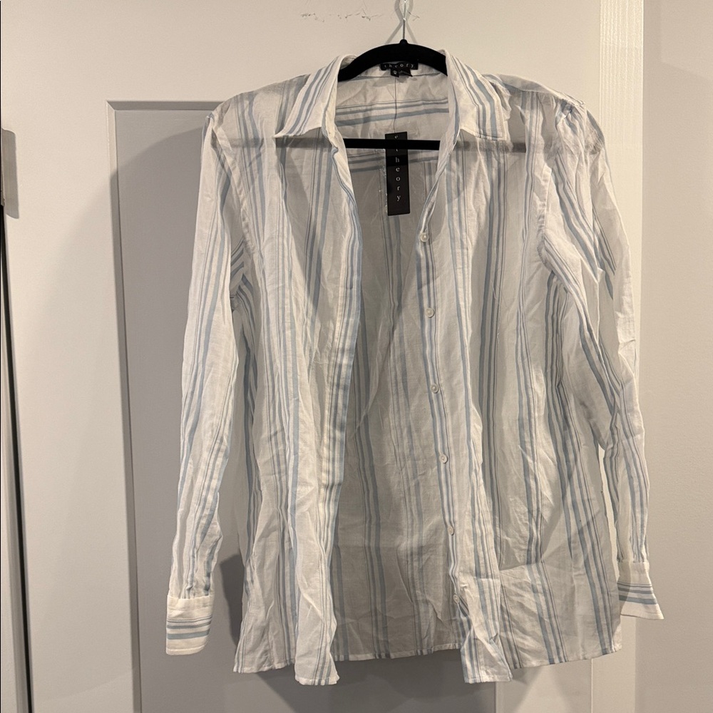 Theory White and Blue Striped Casual Shirt